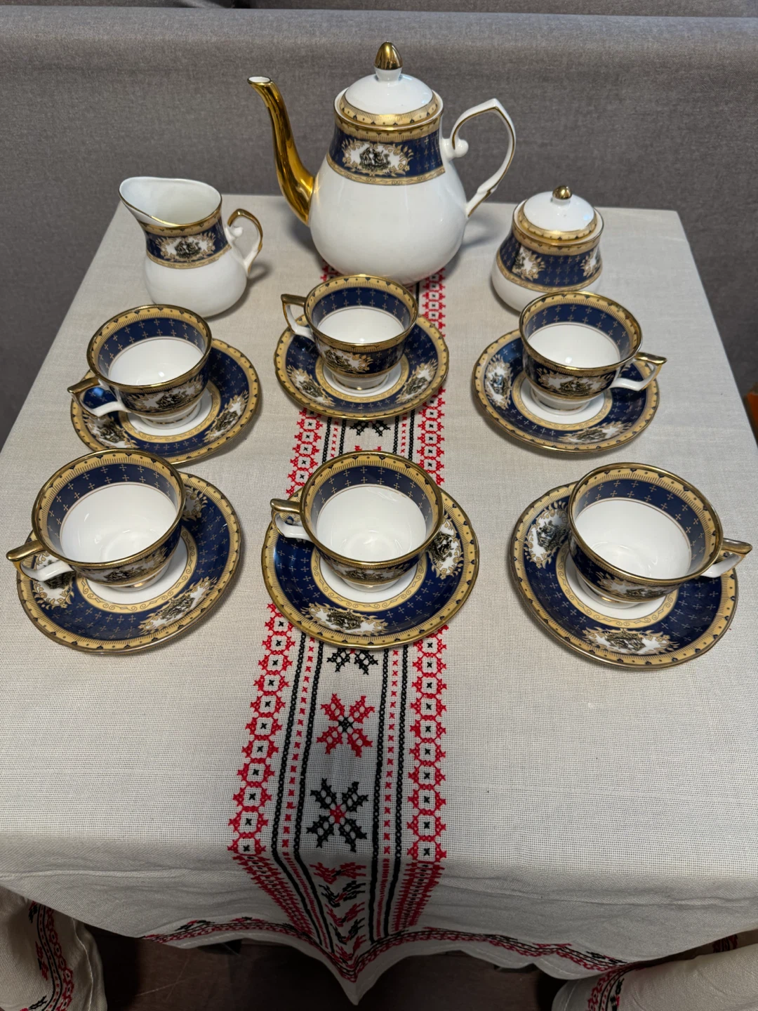 Vintage Porcelain Tea Set Blue and Gold