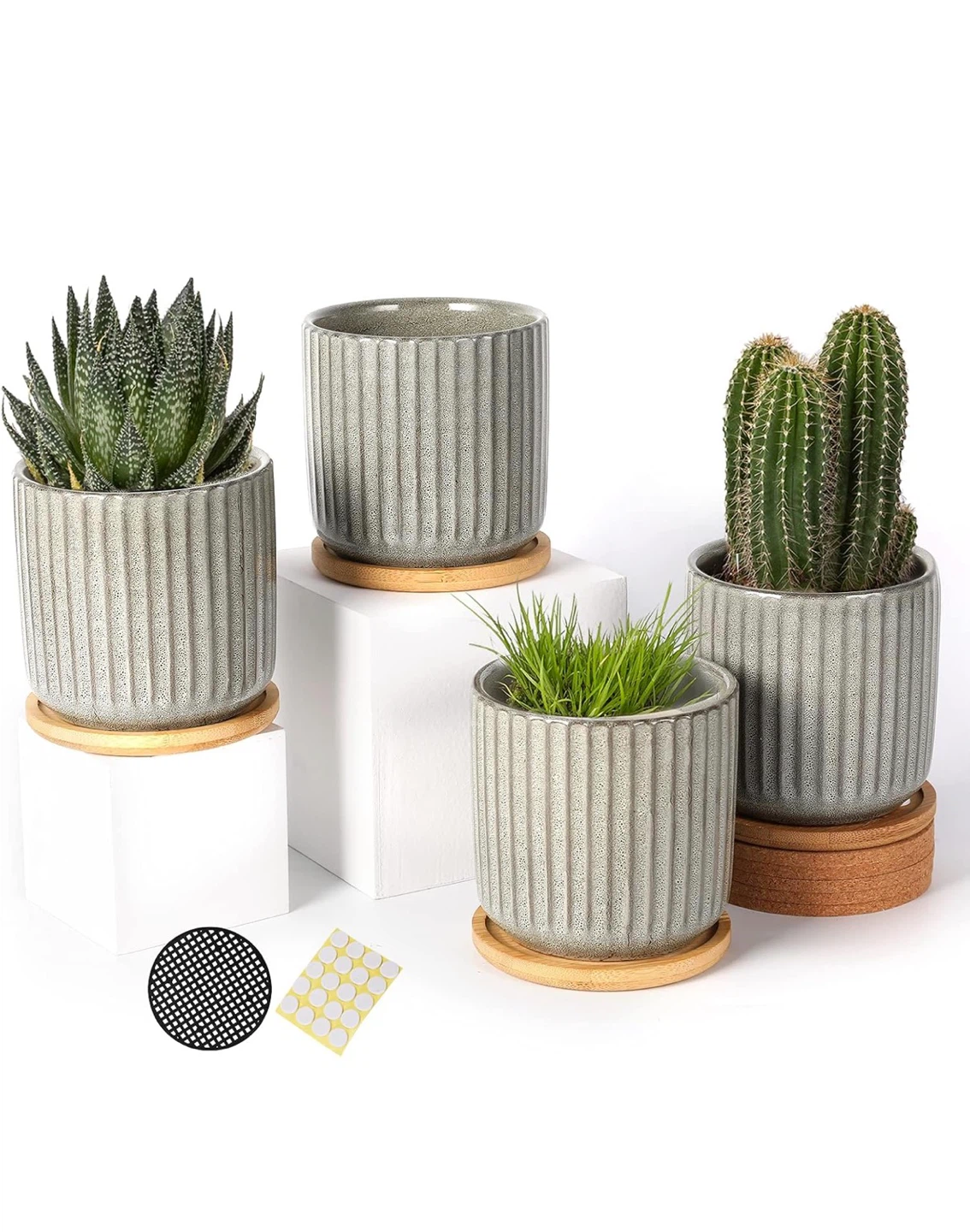 Set of 4 Ceramic Plant Pots with Bamboo Trays - photo 2