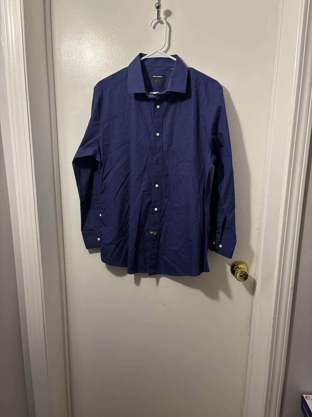 Indochino blue polka dot dress shirt