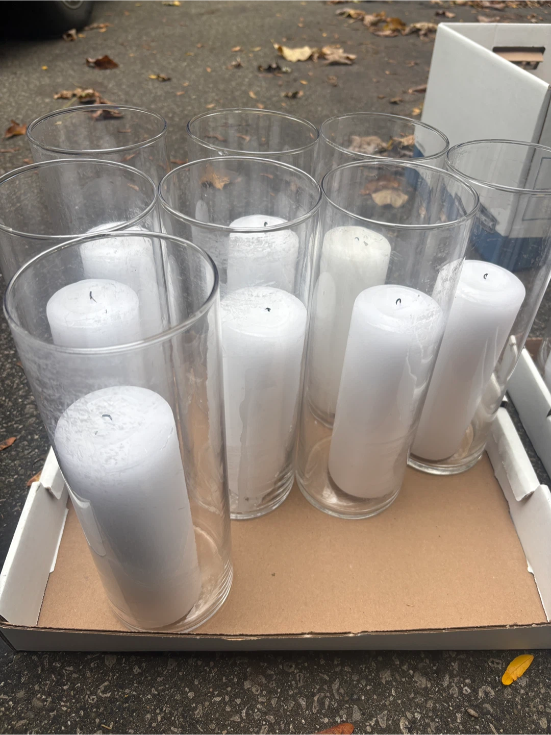 Set of 8 Glass 11” Cylinder Vases with White Pillar Candles