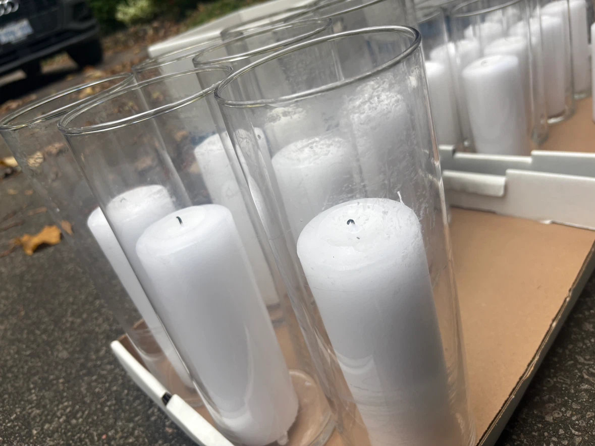 Set of 8 Glass 11” Cylinder Vases with White Pillar Candles - photo 3