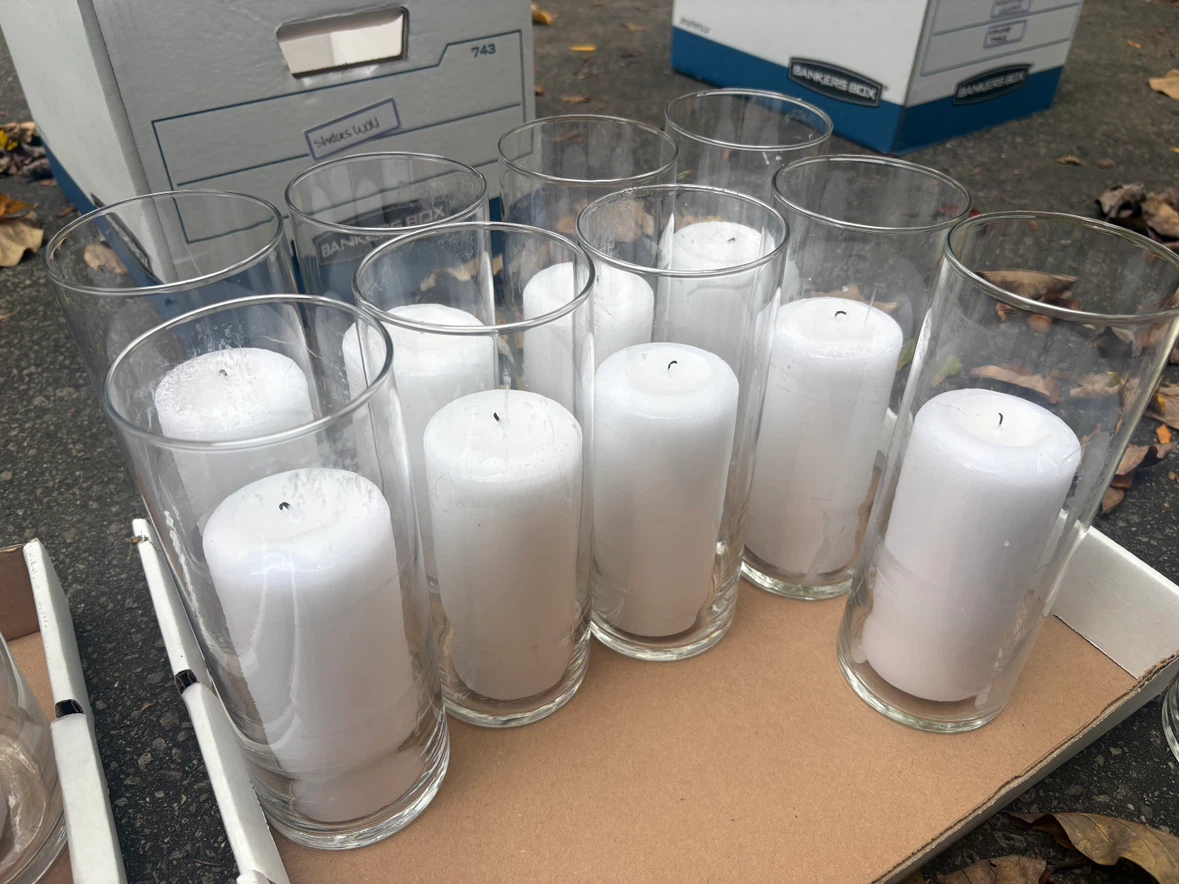 Set of 9 White Pillar Candles in 9” Glass Cylinder Vases