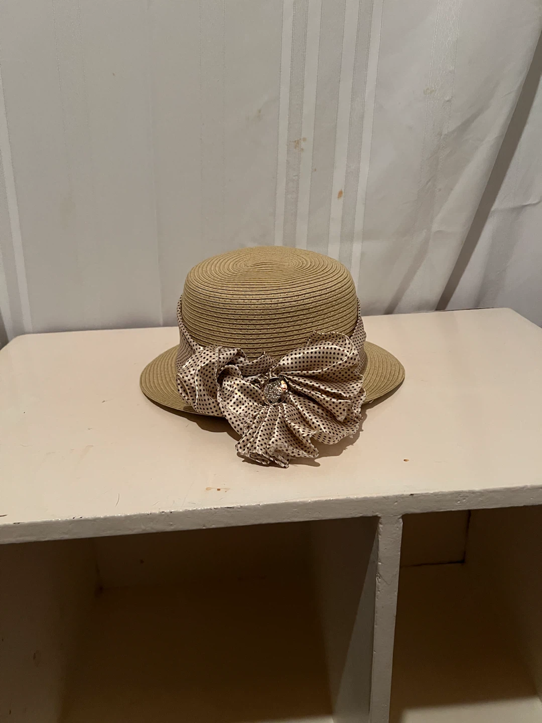 Tan Straw Sun Hat with Polka Dot Ribbon