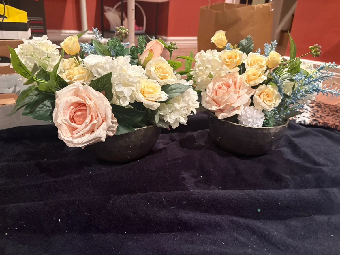 2 Artificial Floral Arrangements in Hammered Metal Bowls
