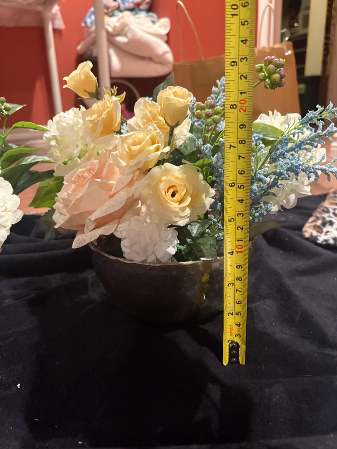 2 Artificial Floral Arrangements in Hammered Metal Bowls - photo 5