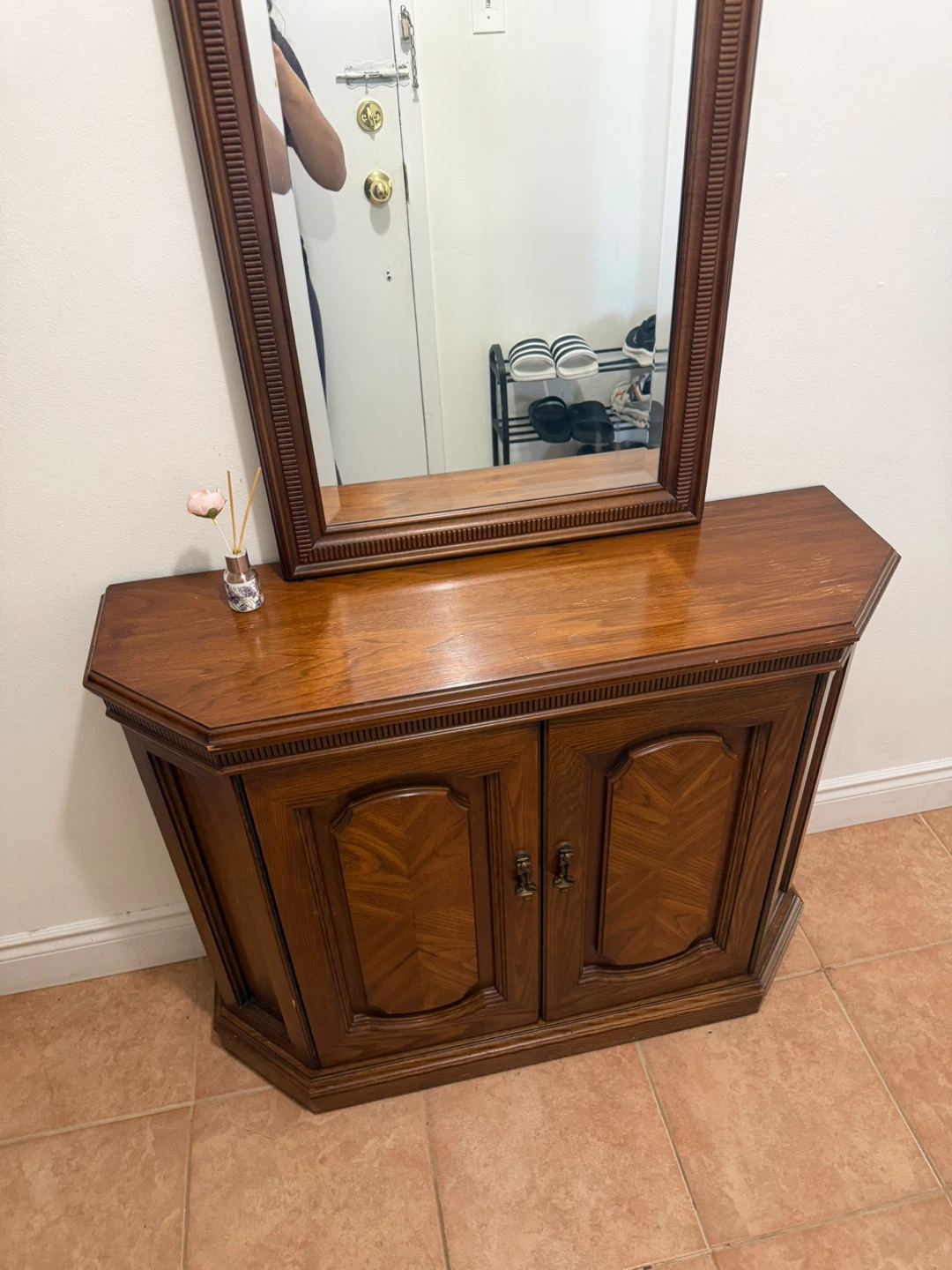 Vintage Oak Hallway Console Table with Mirror - photo 2