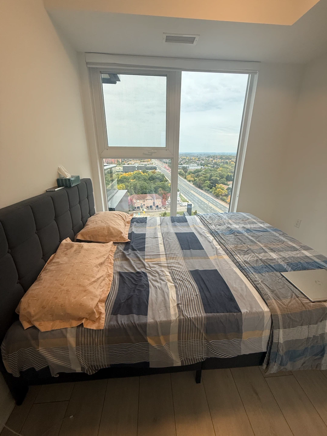 Dark Grey Tufted Bed Frame + Mattress, Like New (1 Year Old)