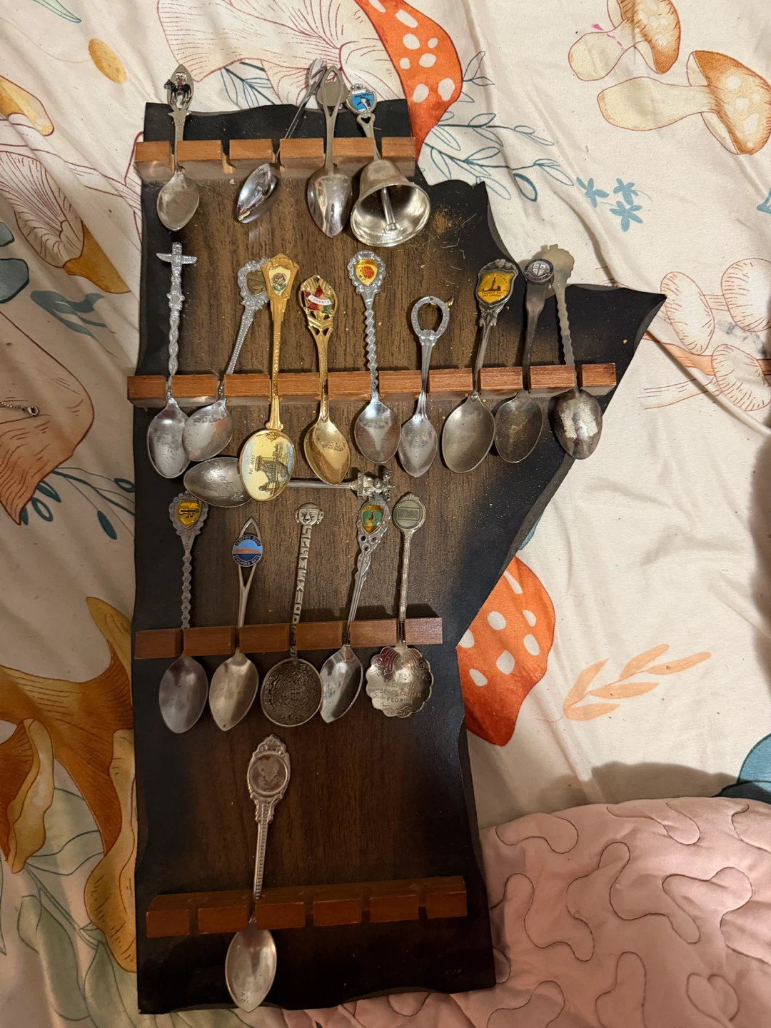 Vintage Souvenir Spoon Collection with Wood Display