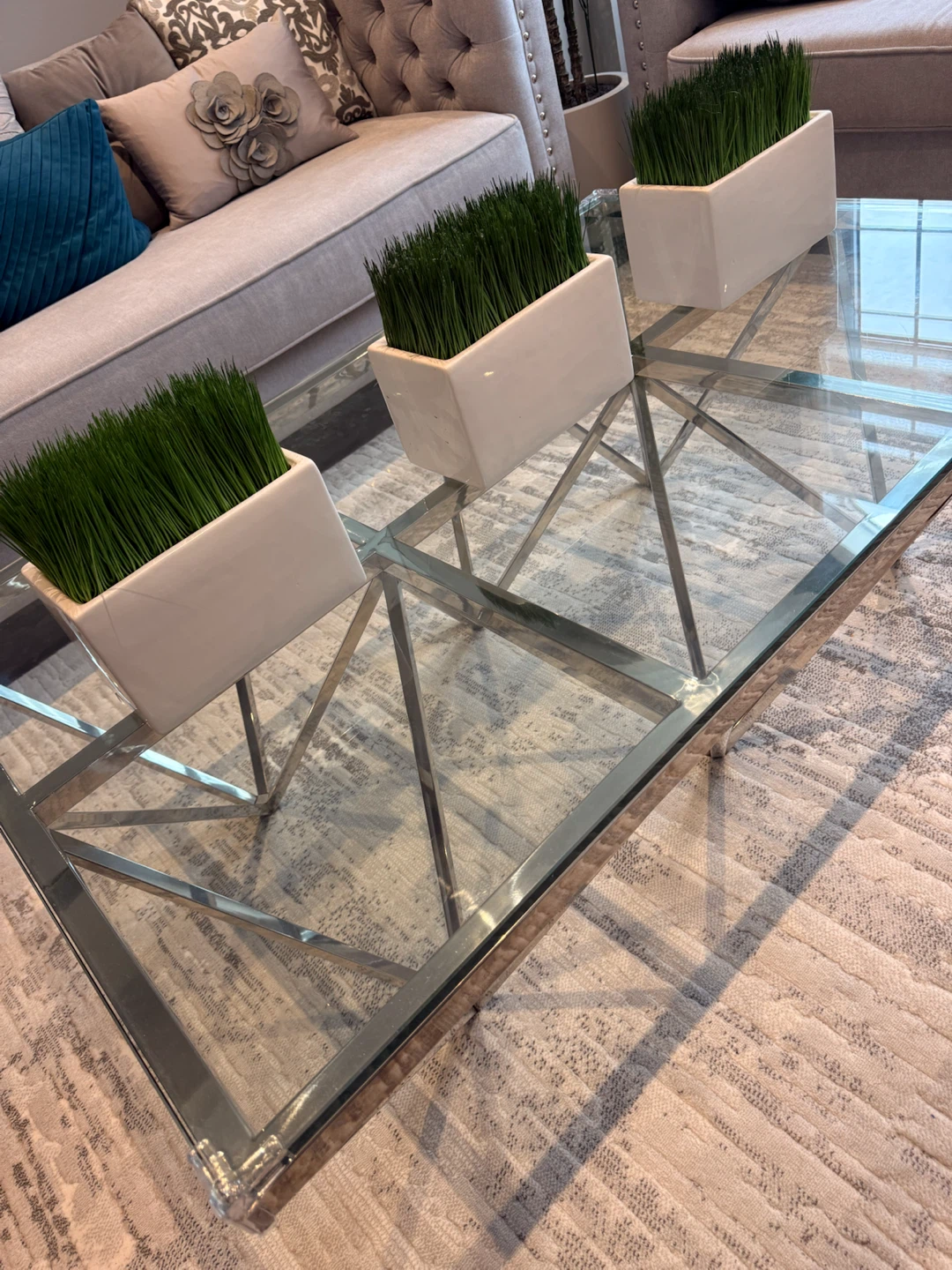 Set of 3 White Ceramic Planters with Realistic Artificial Grass