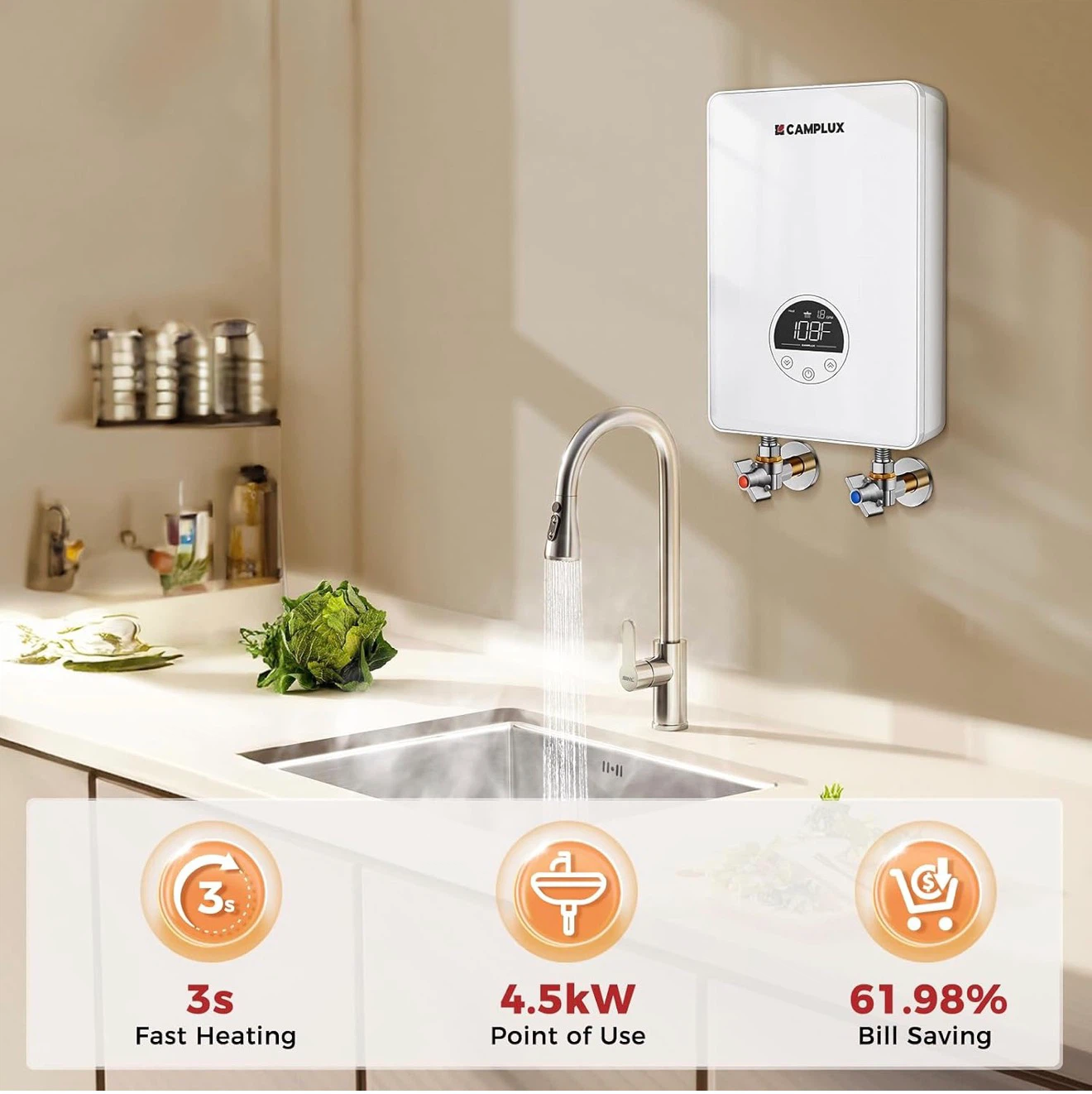 CAMPLUX Tankless Water Heater Electric 4.5kW 120V - photo 2