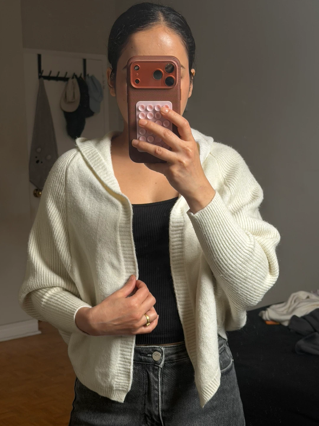 Cream Ribbed Knit Hooded Cardigan