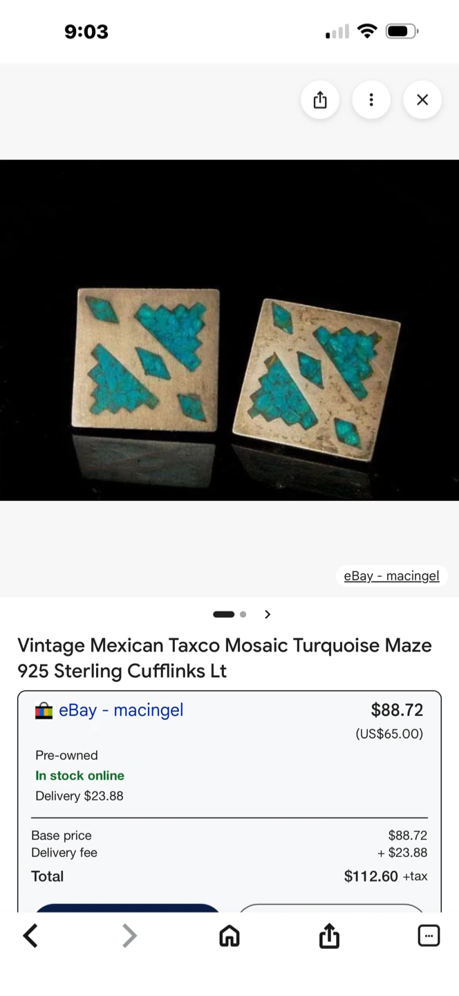 Vintage Taxco Mosaic Turquoise 925 Silver Cufflinks - photo 2