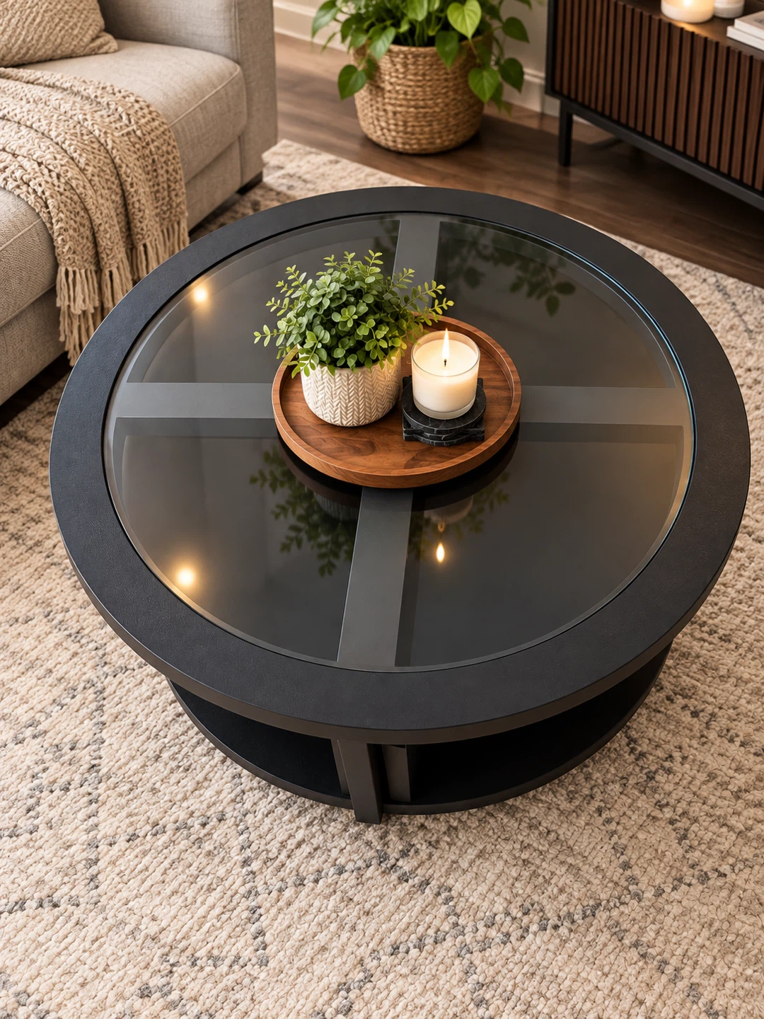 Round Glass Coffee Table with 4 Nesting Stools