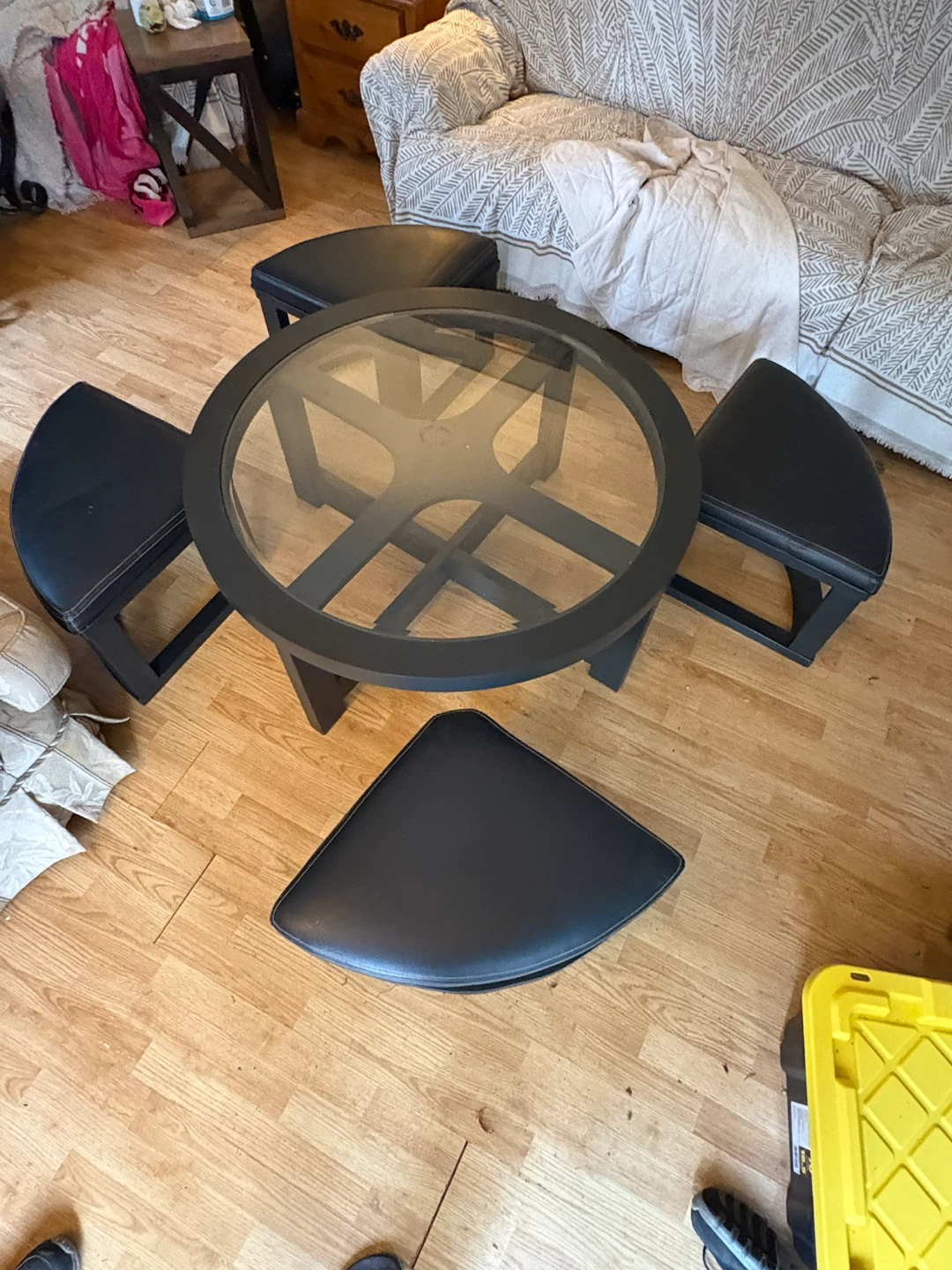 Round Glass Coffee Table with 4 Nesting Stools - photo 4