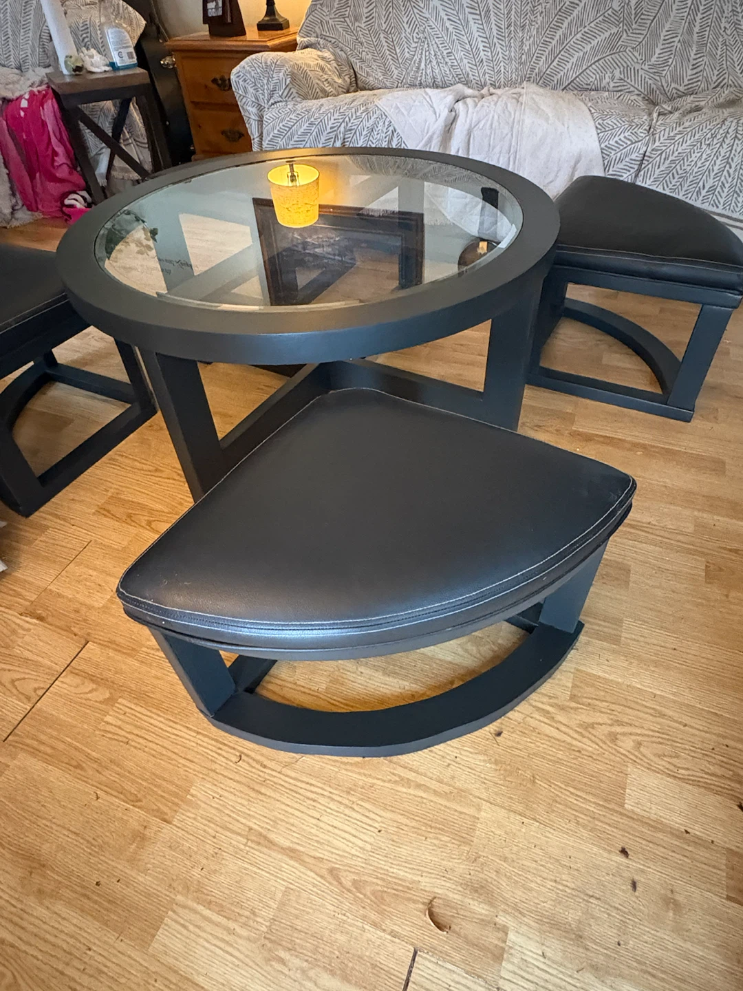 Round Glass Coffee Table with 4 Nesting Stools - photo 5