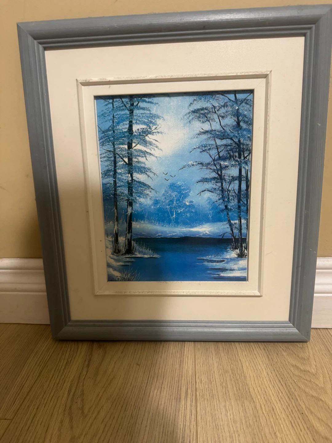 Winter Landscape Painting with Blue Frame