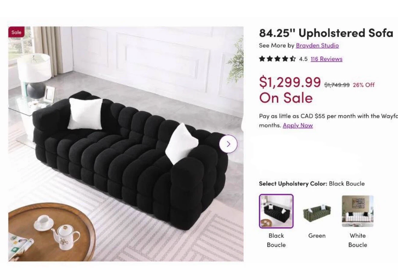 Black Boucle Sofa 84.25" - photo 2