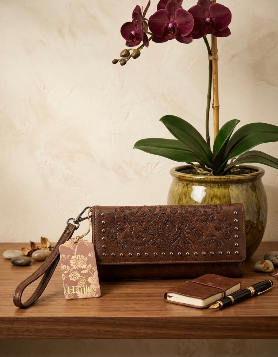 Hadley Brown Embossed Floral Studded Wallet