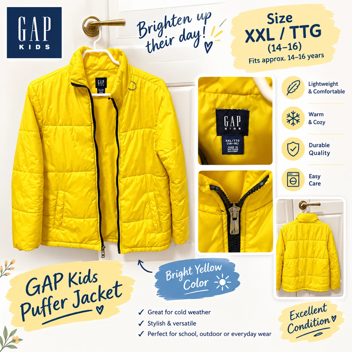 GAP Kids Puffer Jacket Yellow Size XXL 14-16