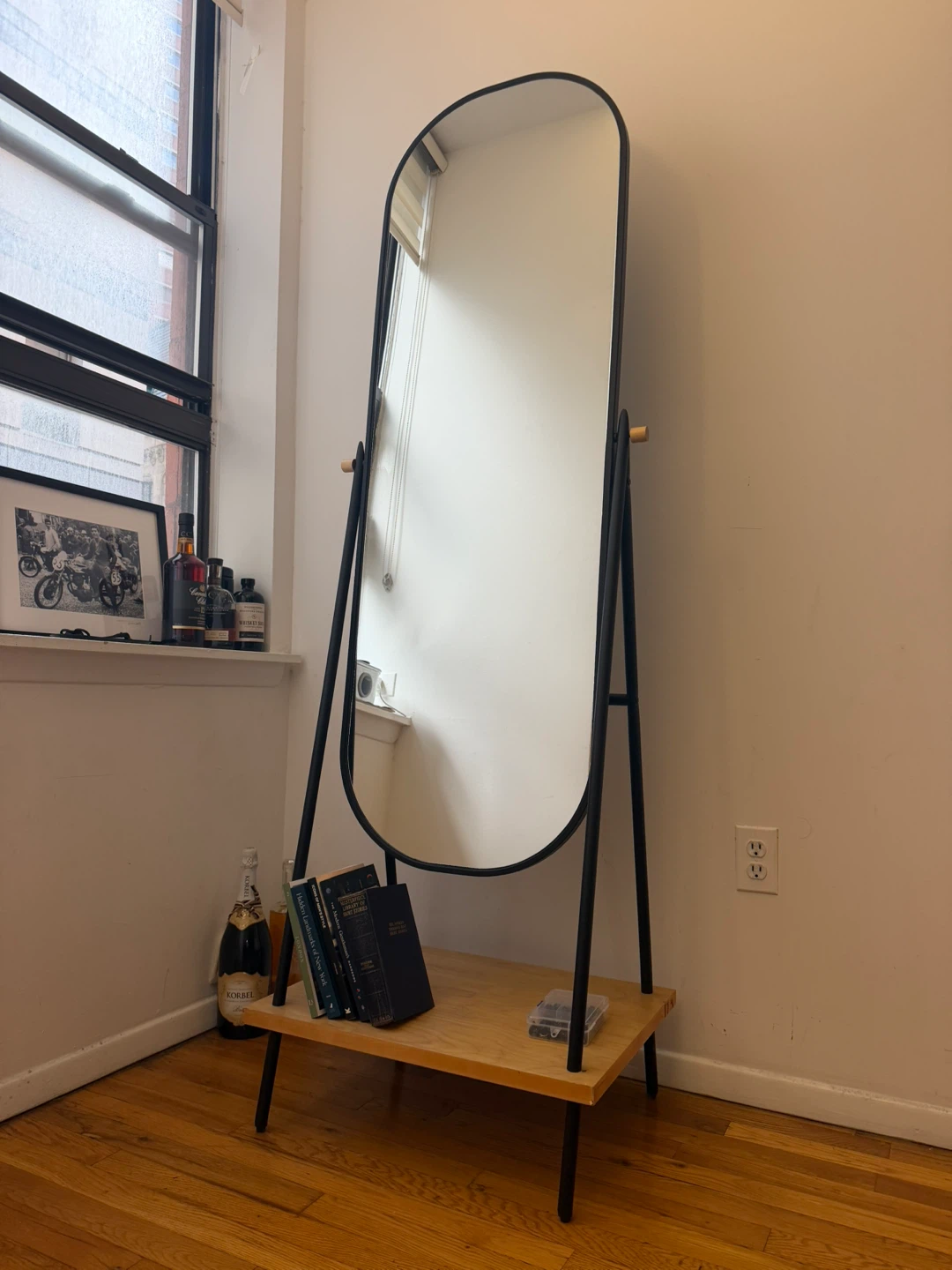 Black Standing Floor Mirror with Wood Base