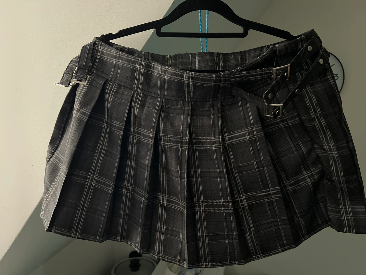 Grey Plaid Pleated Skirt with Buckles