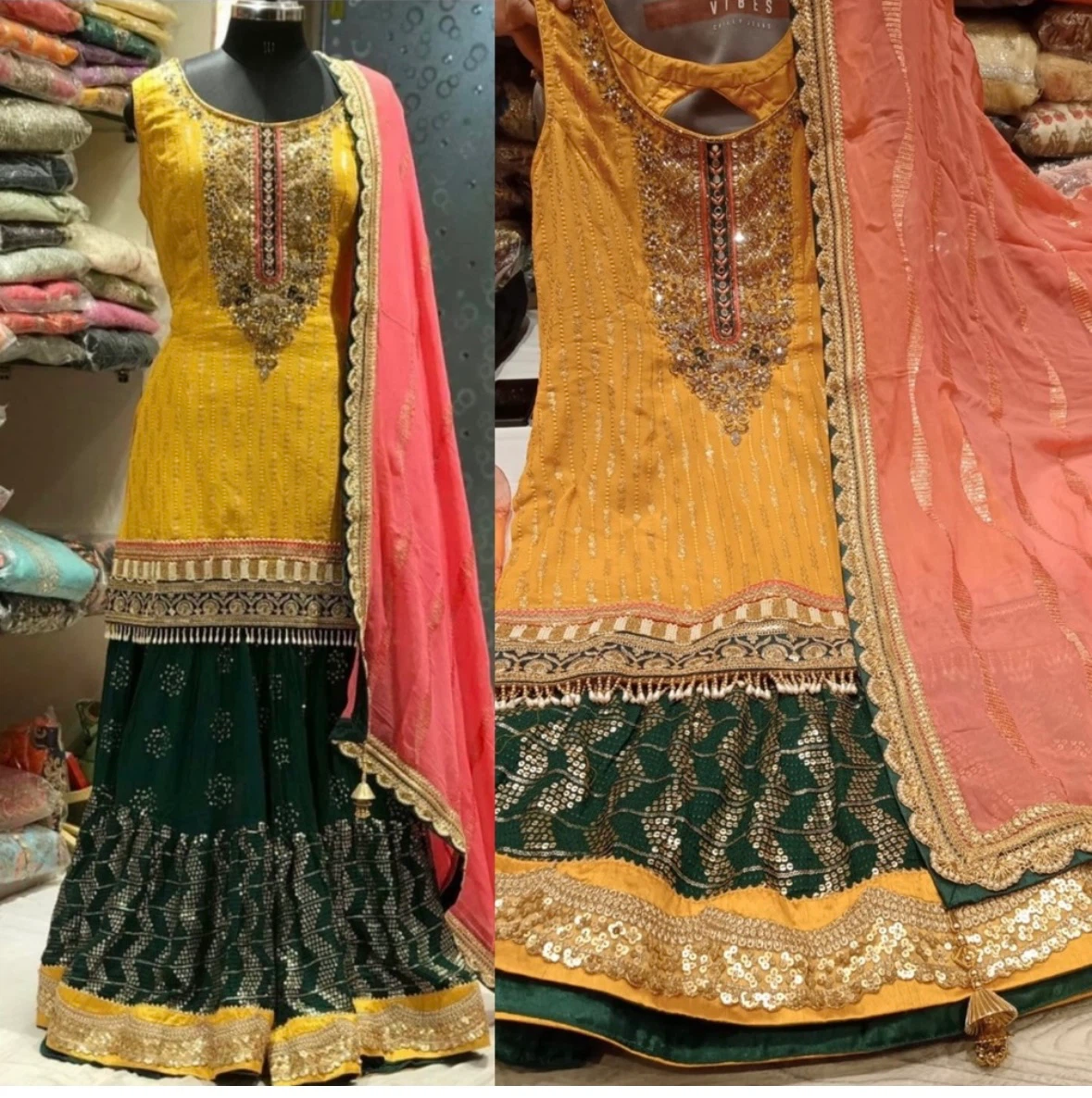 Yellow and Green Sharara Set