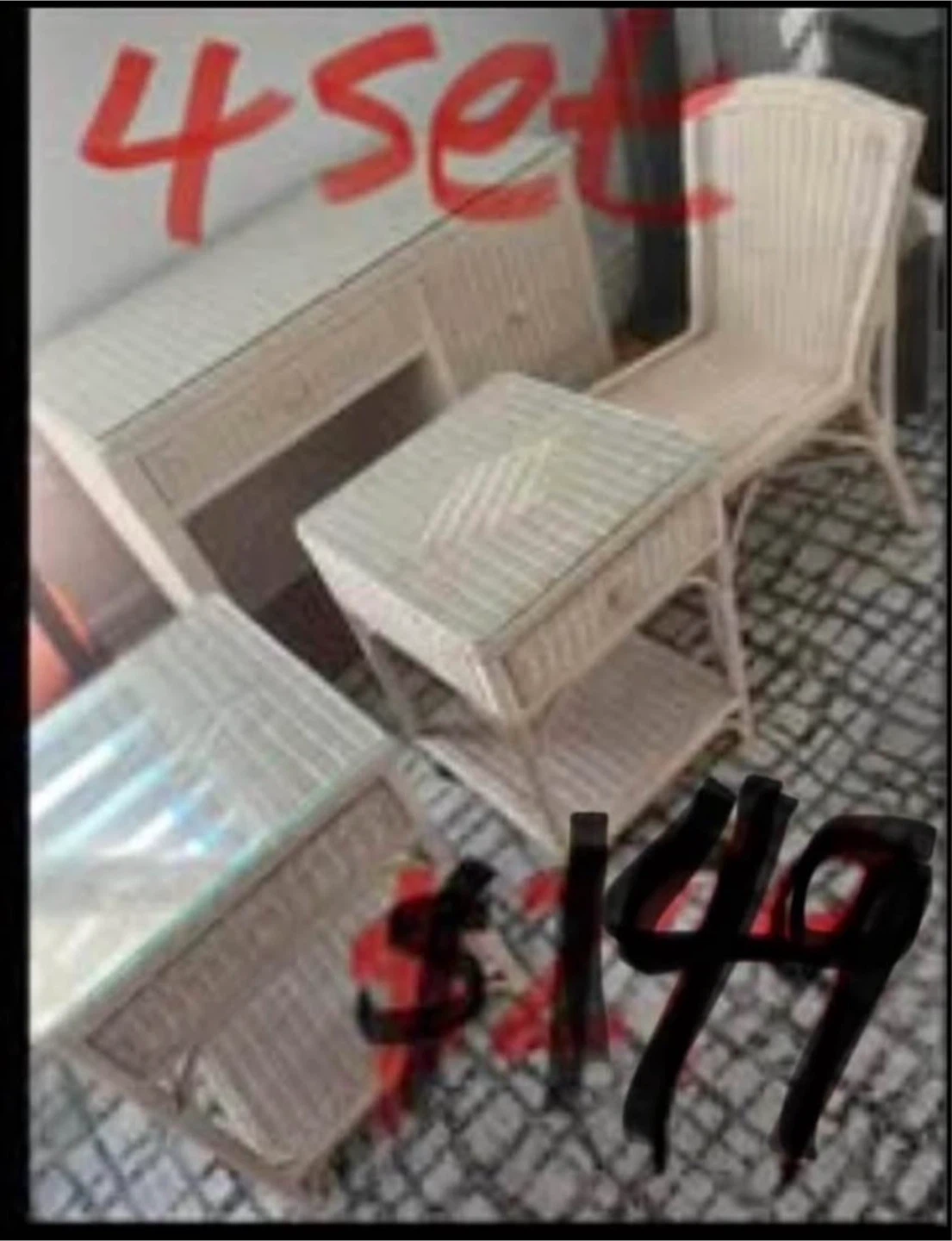 Wicker Furniture Bedroom 4/piece Set: 2 Bedside TB, Desk, Chair.