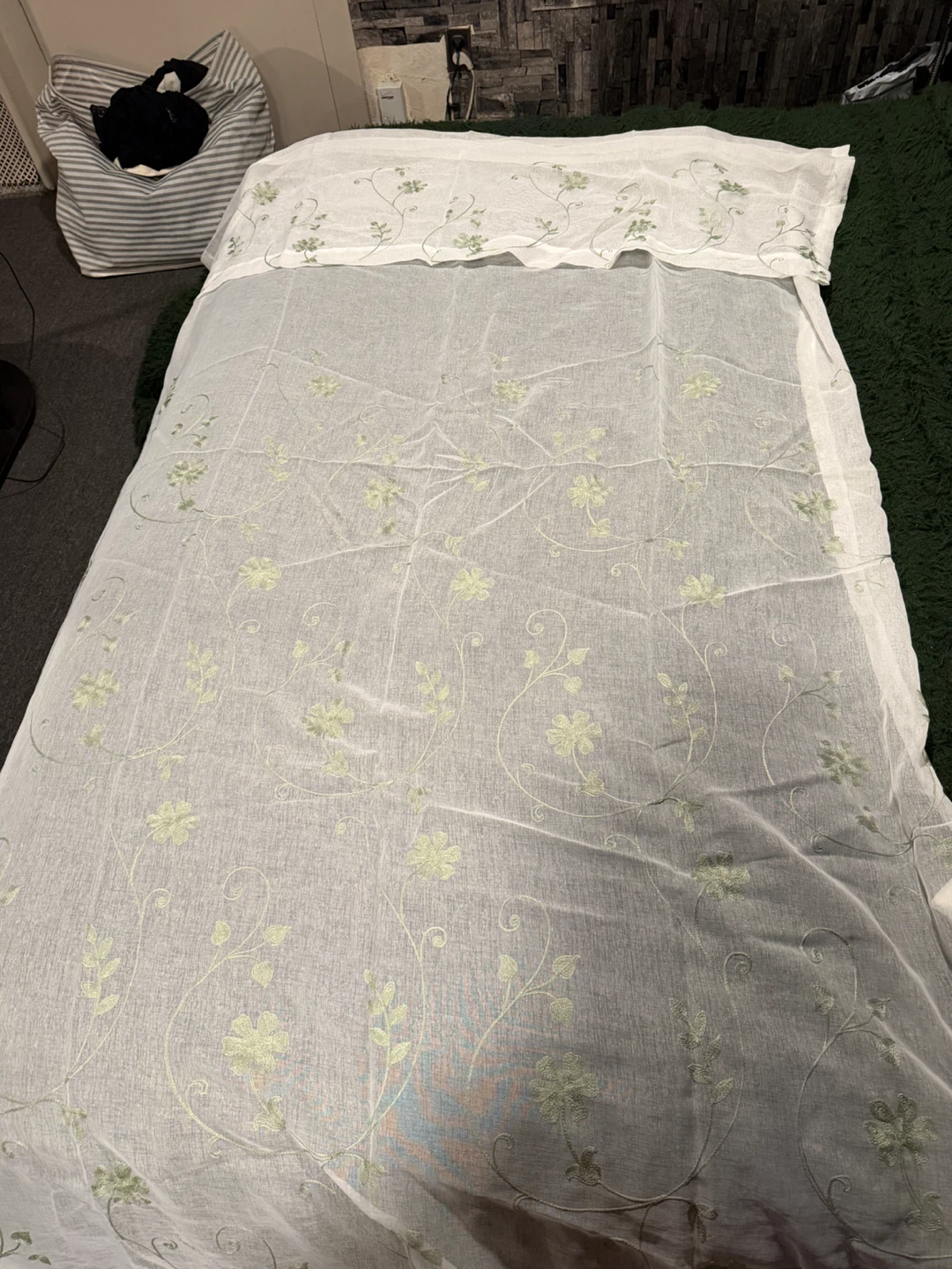 White and Green Floral Sheer Curtains