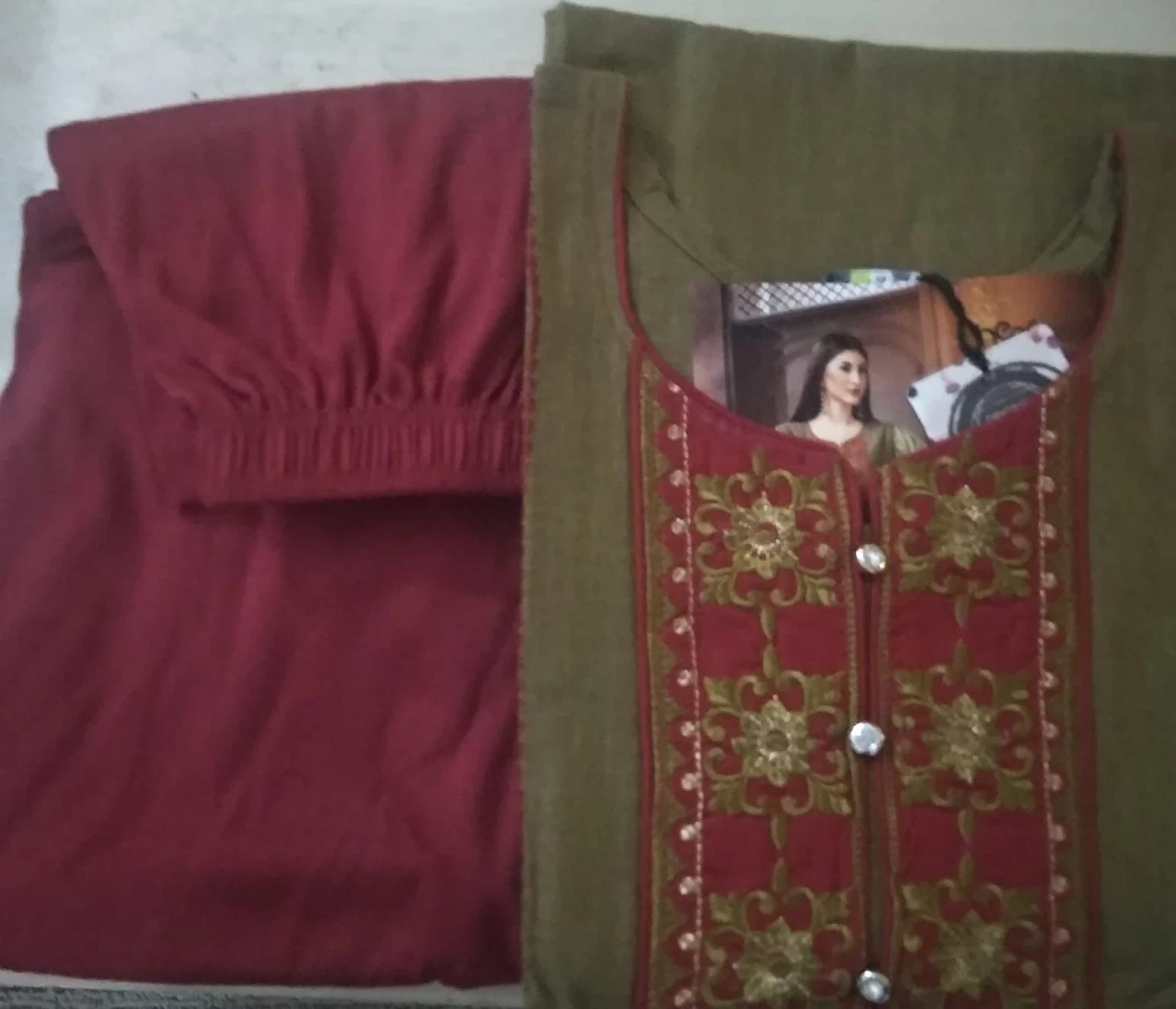 Olive and Maroon Embroidered Salwar Suit