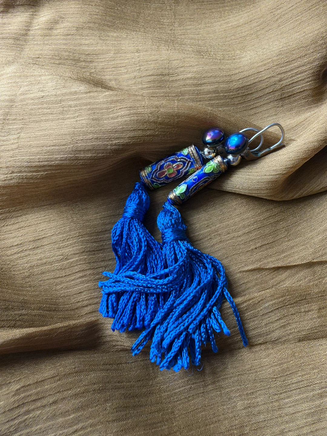 Handmade Blue Tassel Earrings with Enamel Detail