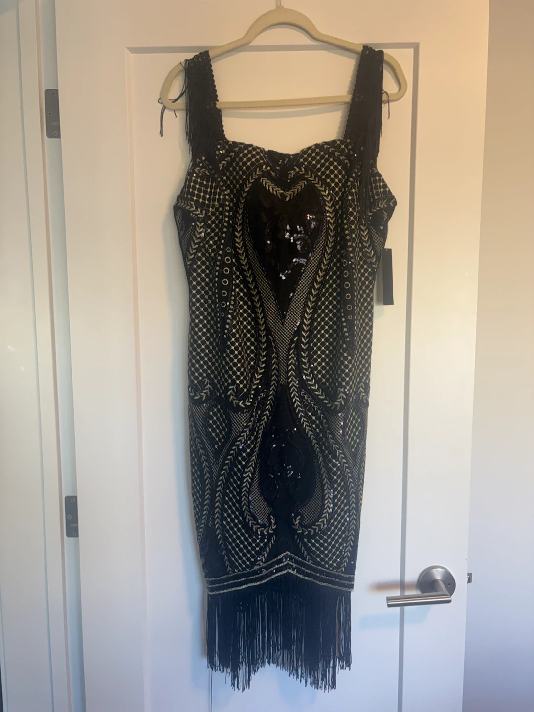 Venus Black and Gold Sequin Fringed Dress Size 16