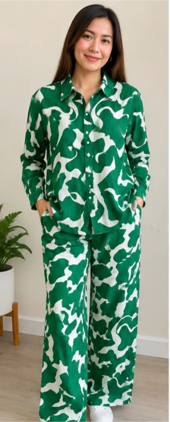 Green and White Patterned Two-Piece Set