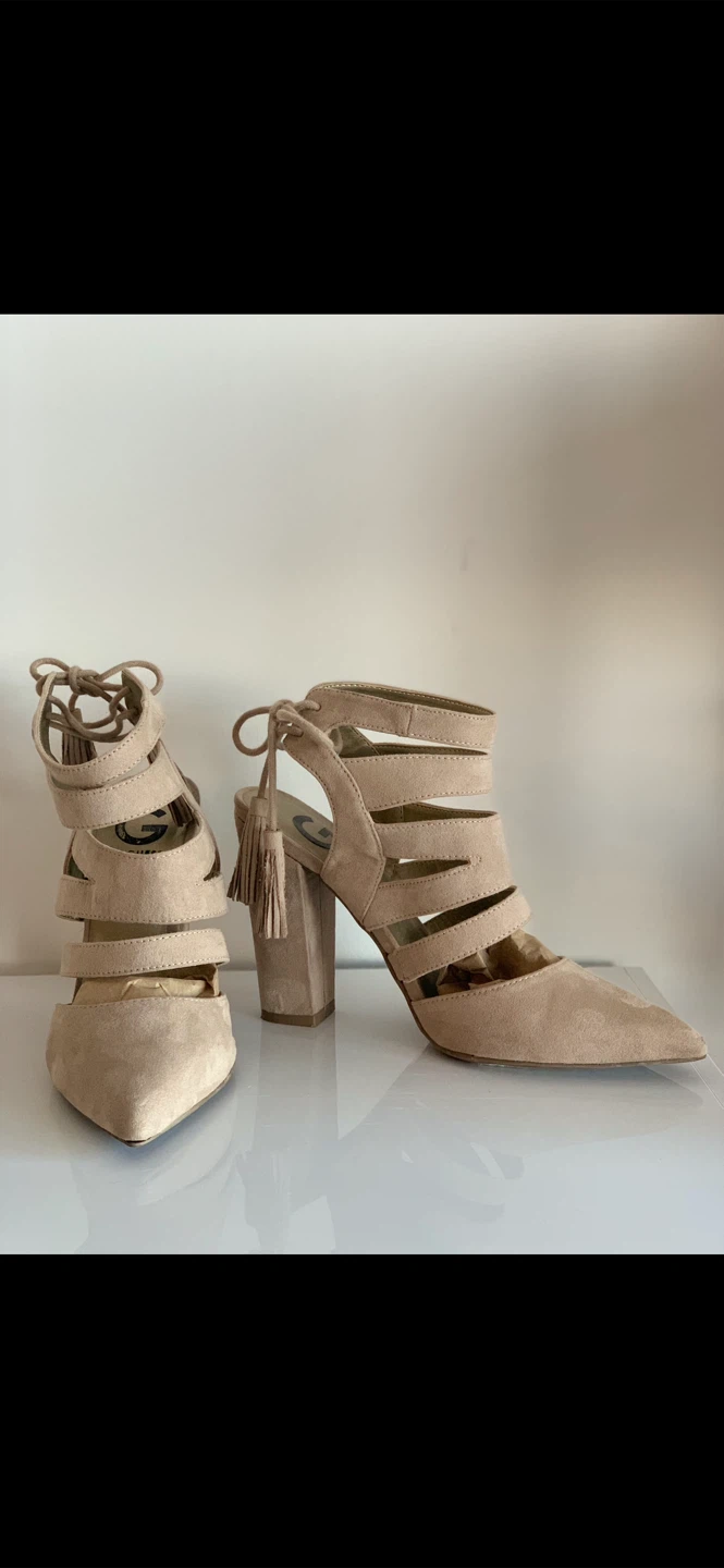 G By GUESS-Beige Suede Back Lace-Up Heels