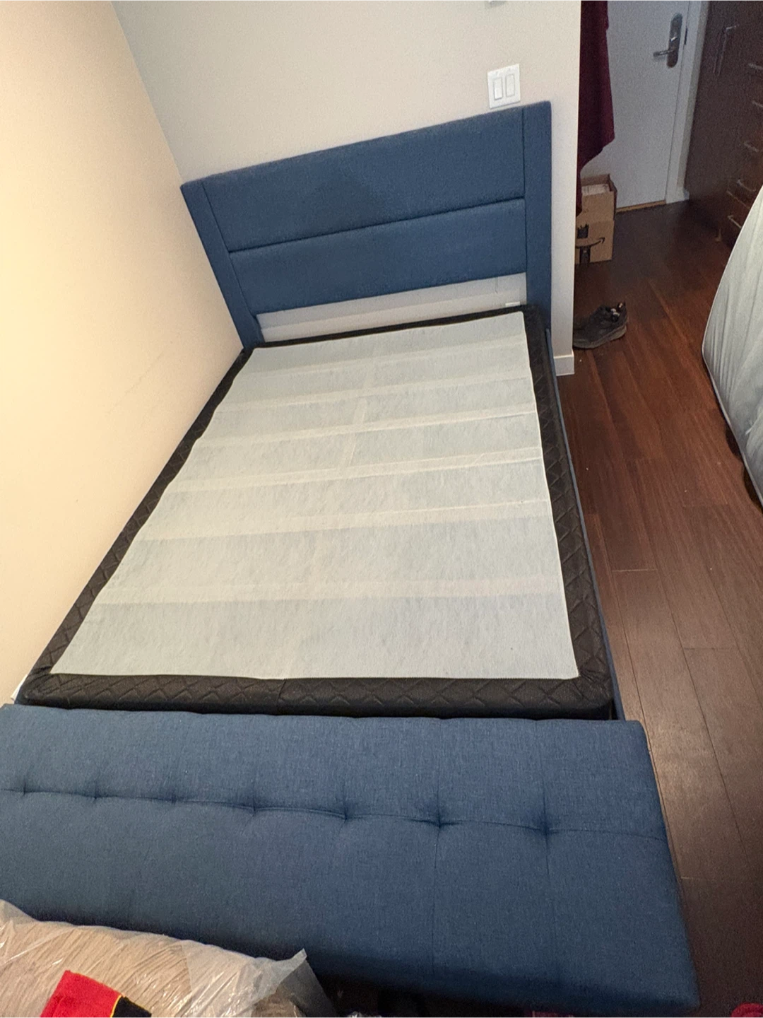 Blue Upholstered Bed Frame with Storage Bench
