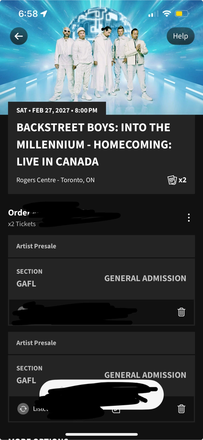 2 Backstreet Boys standing general admission  Concert Tickets