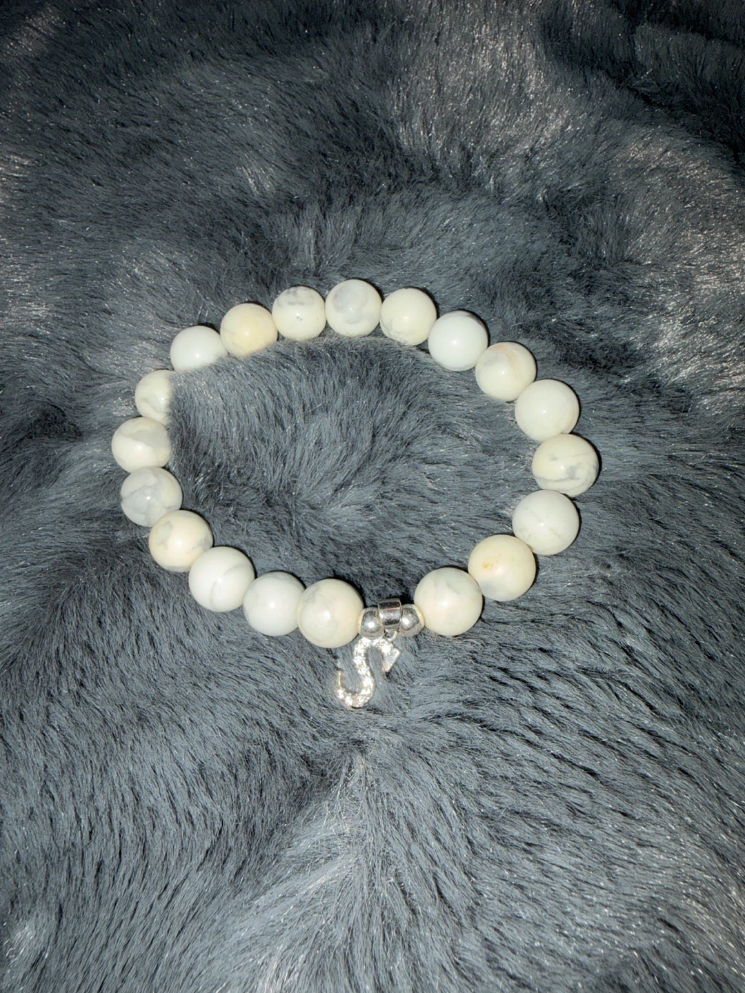 White Stone Bead Bracelet with Letter S Charm