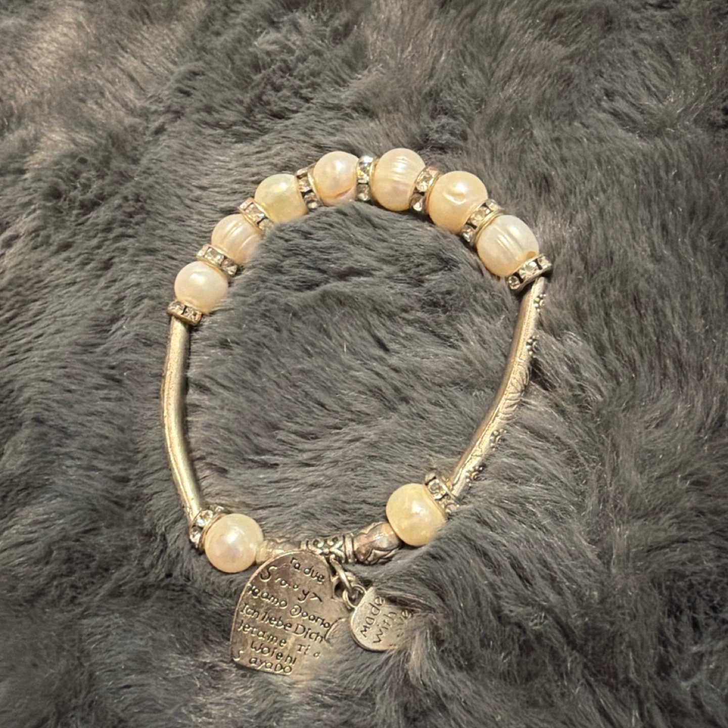 Pearl and Silver-Tone Heart Charm Bracelet