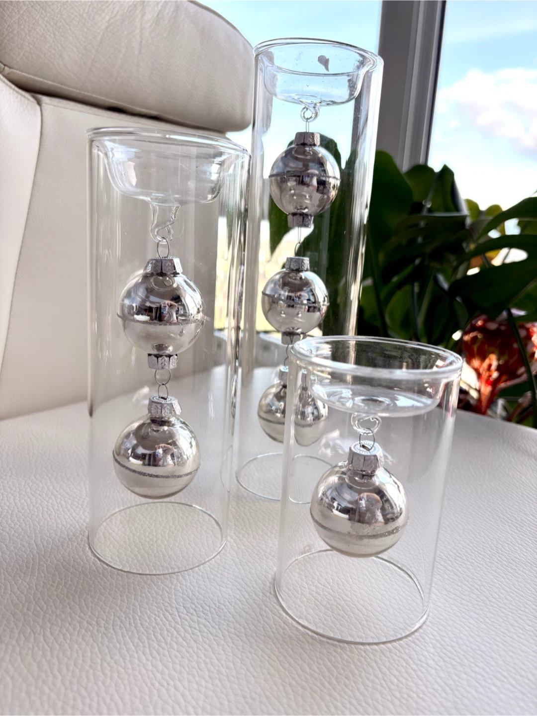 Set of 3 Clear Glass Candle Holders with Silver Ornaments