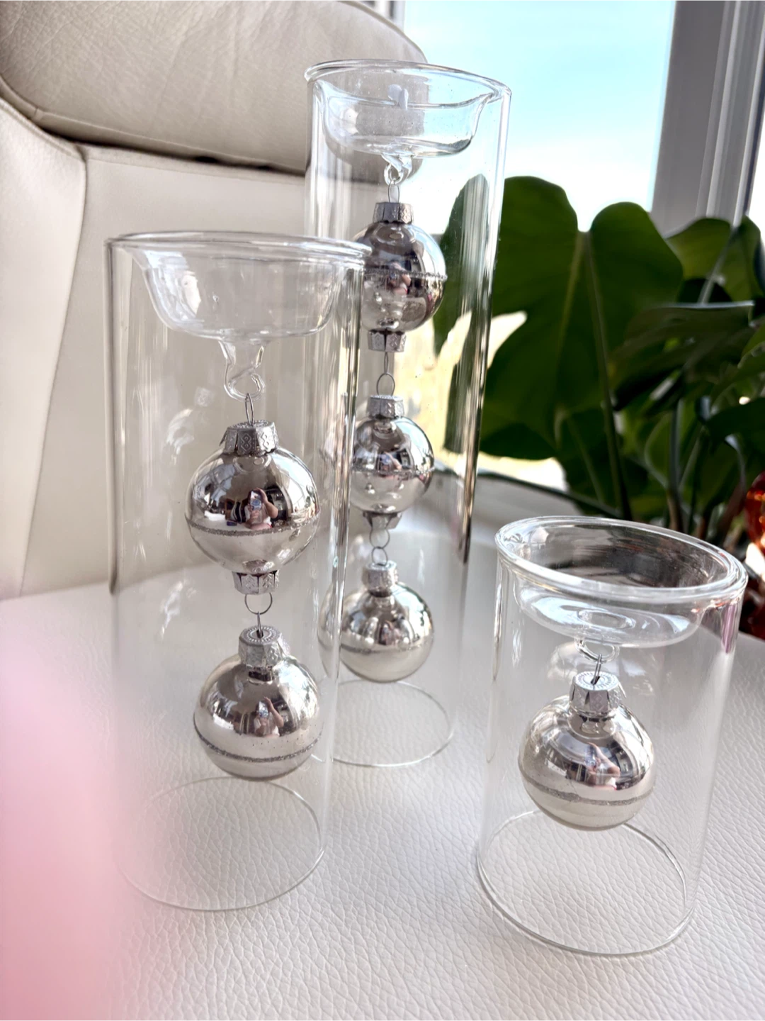Set of 3 Clear Glass Candle Holders with Silver Ornaments - photo 2