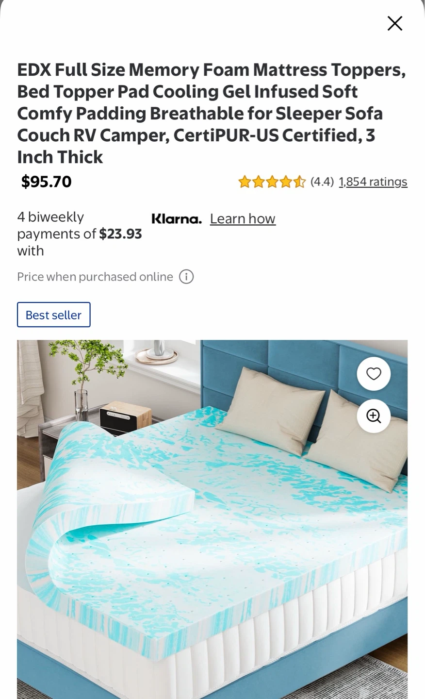 EDX Full Size Cooling Gel Memory Foam Mattress Topper