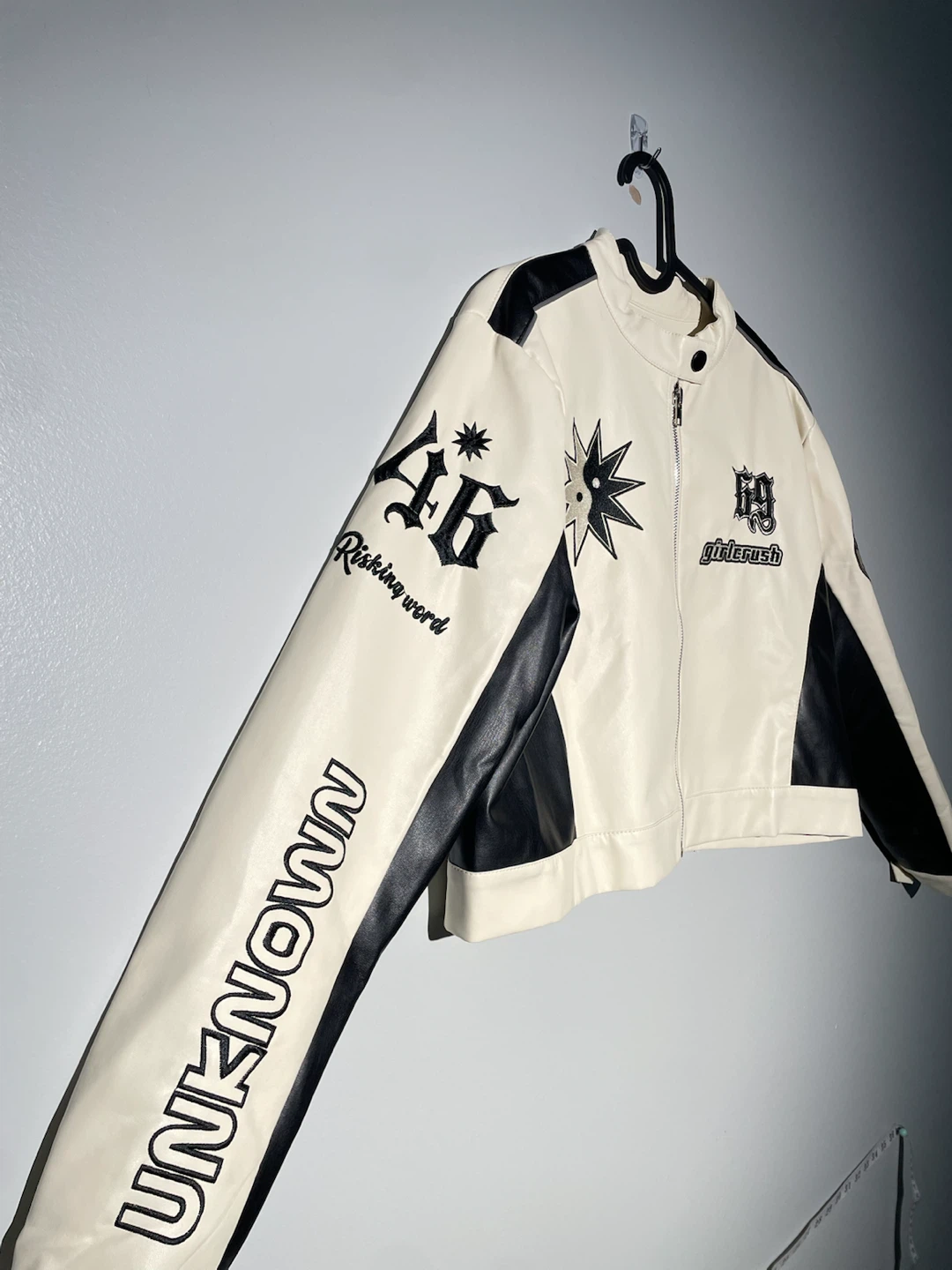 Yukahouse Cropped Moto Racing Jacket Black Faux Leather Y2K