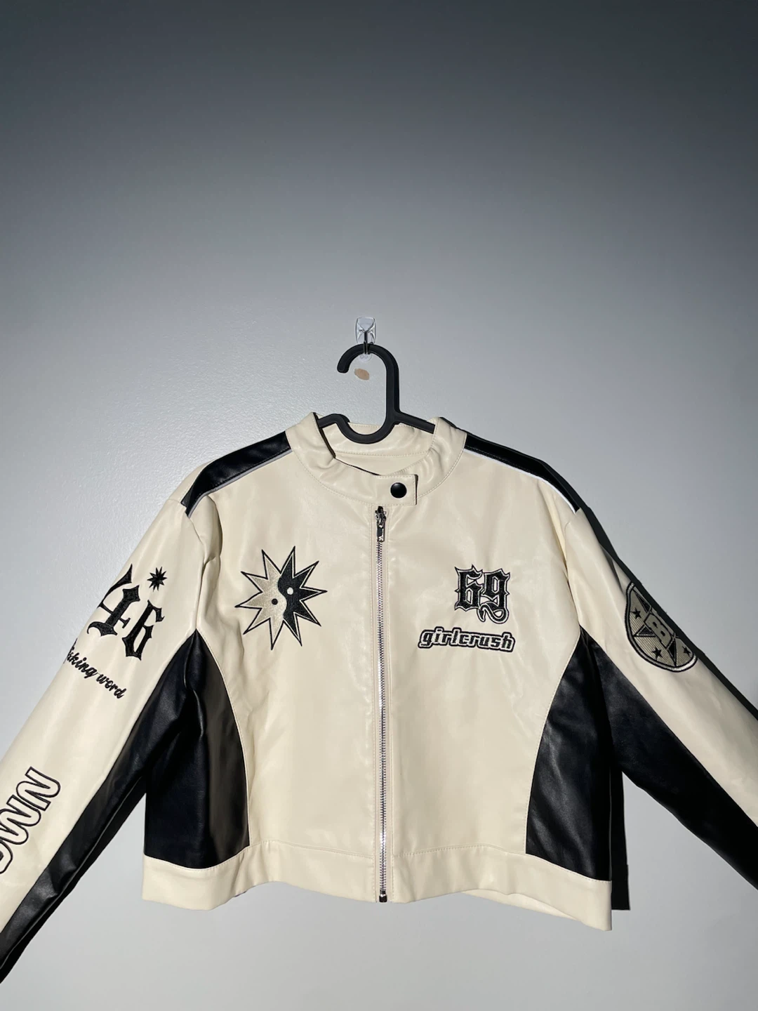 Yukahouse Cropped Moto Racing Jacket Black Faux Leather Y2K - photo 2
