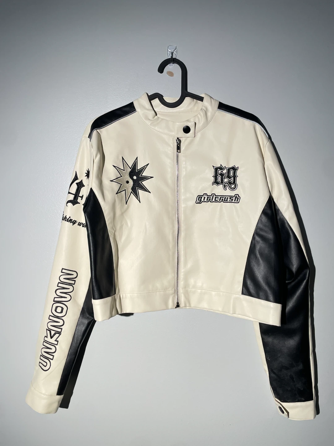 Yukahouse Cropped Moto Racing Jacket Black Faux Leather Y2K - photo 4