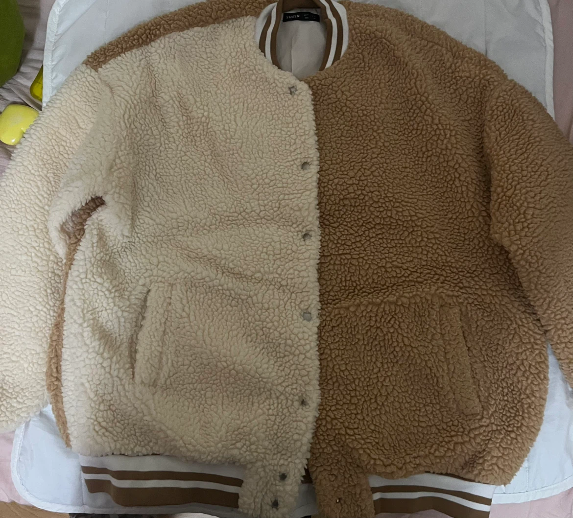 SHEIN Two-Tone Sherpa Varsity Jacket