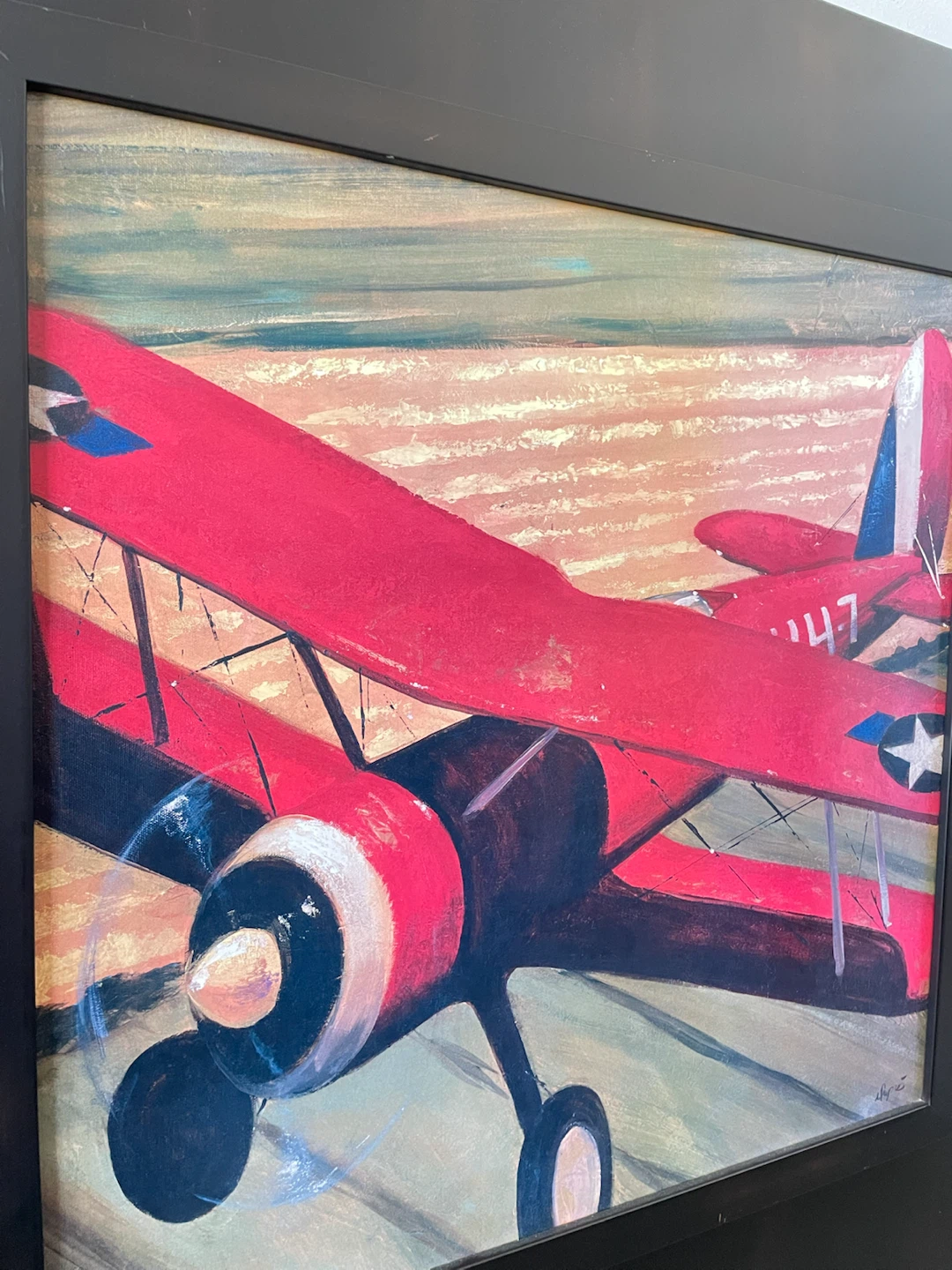 Vintage Red Airplane Painting – Heavy Black Wood Frame 25" x 32" - photo 2