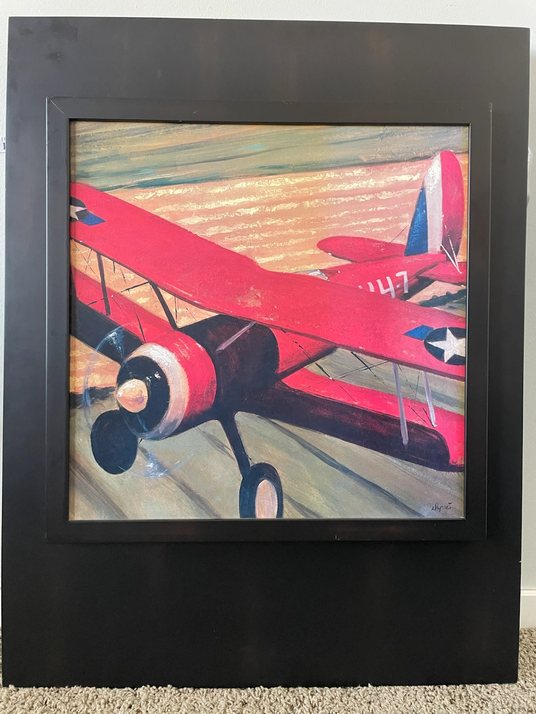 Vintage Red Airplane Painting – Heavy Black Wood Frame 25" x 32"