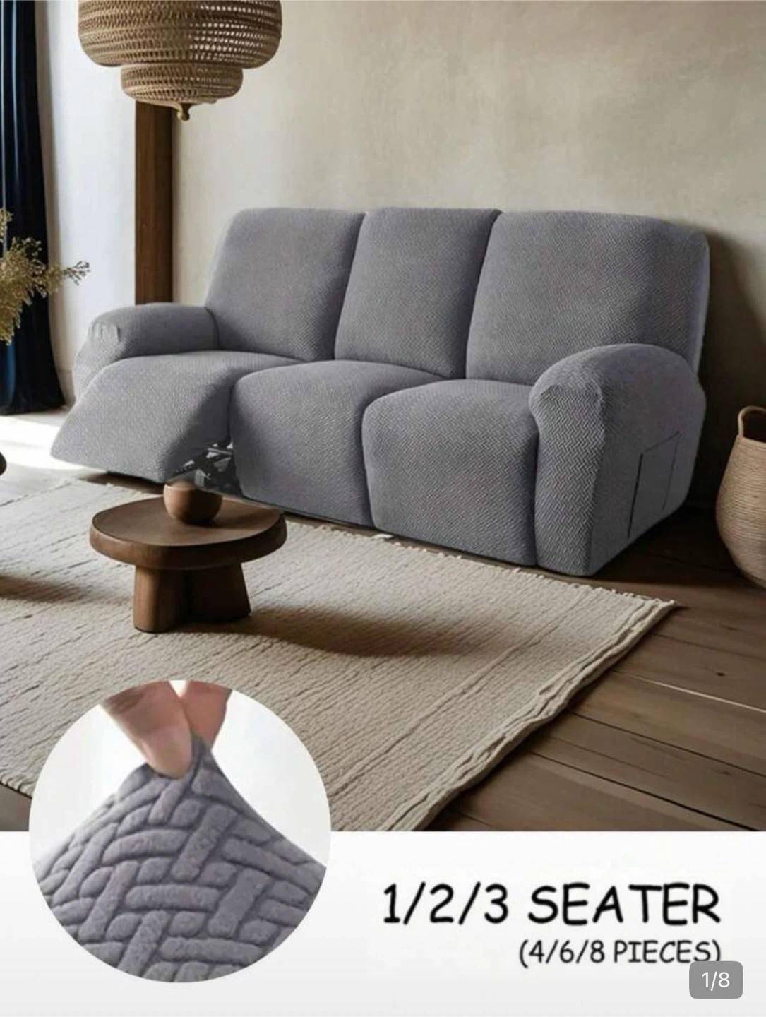 Grey Stretch Recliner Sofa Cover-2seater