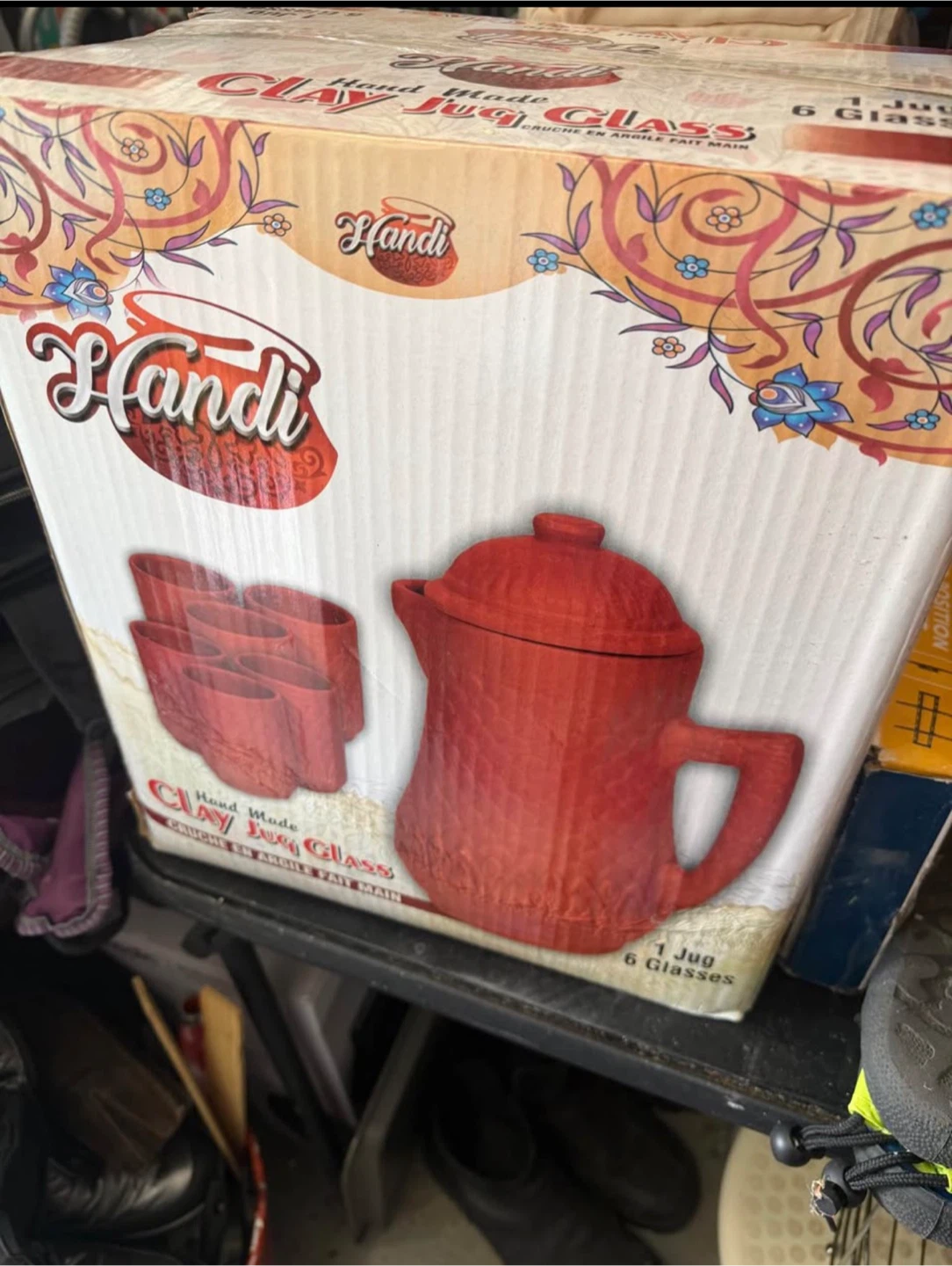 Handi Hand Made Clay Jug and 6 Glass Set