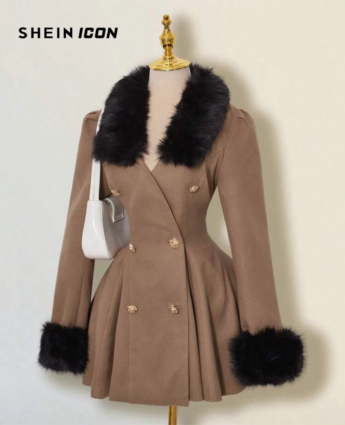 SHEIN ICON Faux Fur Trim Coat