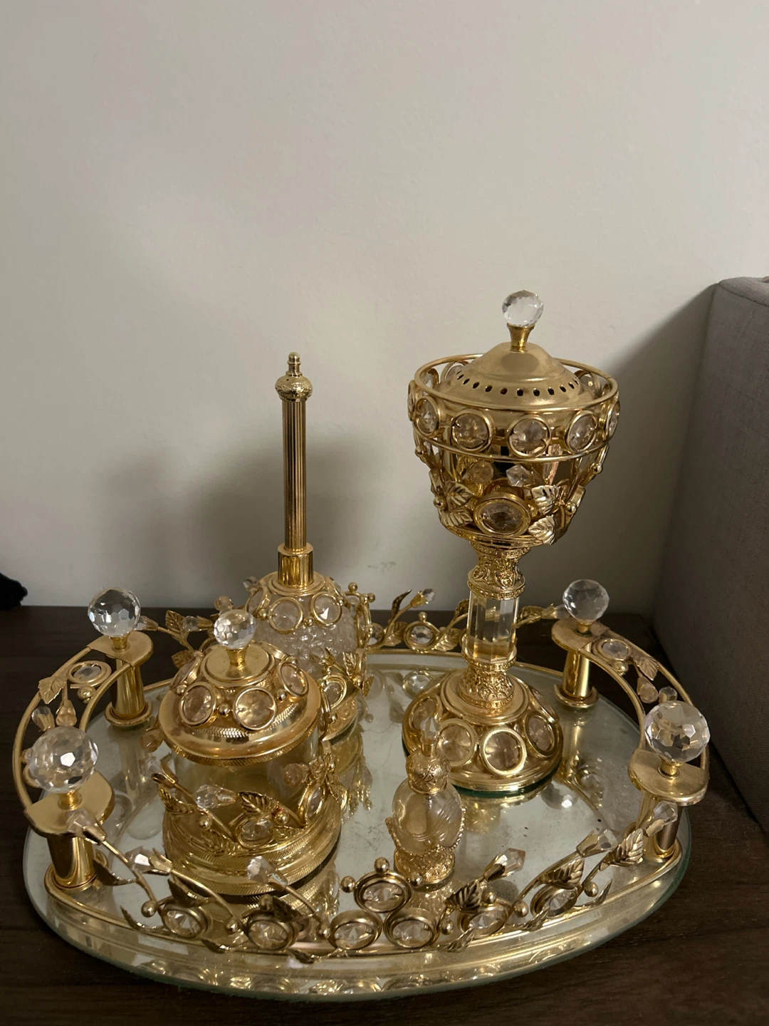 Gold-Tone Crystal Incense and Perfume Tray Set